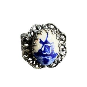 Vintage Delft Blue Ring Dutch Windmill Scene Painted Porcelain Ornate Adjustable